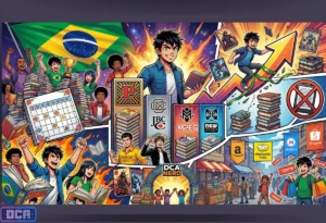 Mercado Brasileiro de Mangás Bate Recorde com Quase 300 Publicações em 2026 3 Ilustração vibrante gerada por inteligência artificial representando o aquecido mercado otaku brasileiro. Fãs comemoram ao redor de imensas pilhas de quadrinhos, bandeira do Brasil, gráficos de crescimento e logotipos de grandes editoras e marketplaces, celebrando o incrível recorde de quase 300 mangás publicados no Brasil.