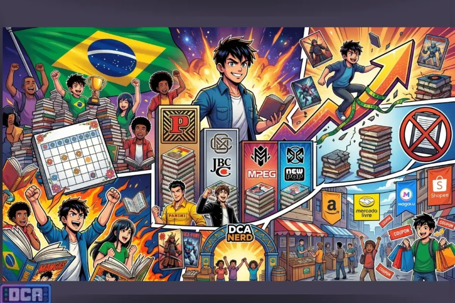 Ilustração vibrante gerada por inteligência artificial representando o aquecido mercado otaku brasileiro. Fãs comemoram ao redor de imensas pilhas de quadrinhos, bandeira do Brasil, gráficos de crescimento e logotipos de grandes editoras e marketplaces, celebrando o incrível recorde de quase 300 mangás publicados no Brasil.