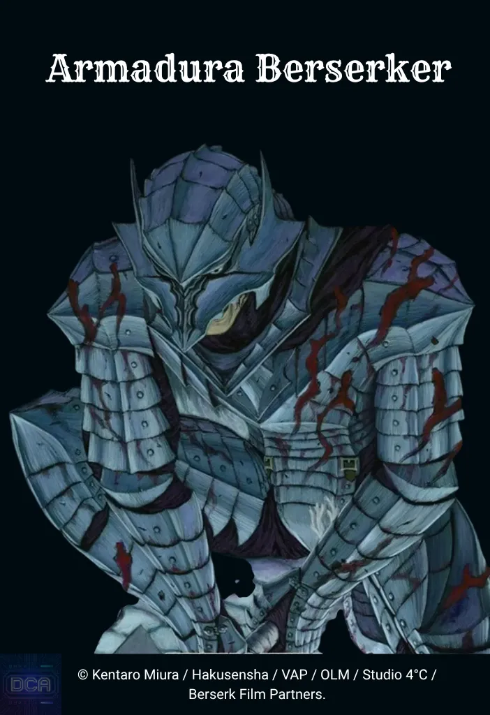 Guts trajando a Armadura Berserker em posição de combate com marcas de sangue, ilustrando os riscos da couraça amaldiçoada detalhada em nosso Guia completo Berserk.
