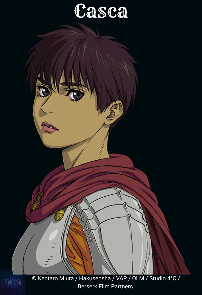 Retrato de Casca com armadura e capa vermelha durante a Era de Ouro, exibindo um olhar melancólico que prenuncia o trauma do Eclipse discutido em nosso Guia completo Berserk.