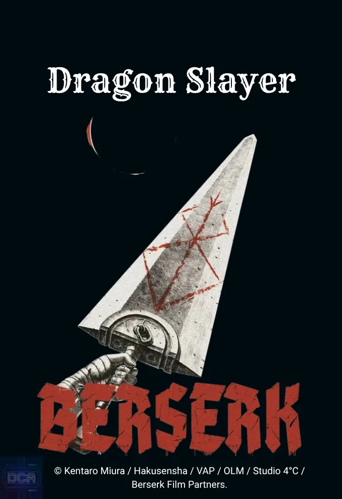 Ilustração da lendária espada Dragon Slayer com a Marca do Sacrifício em vermelho sob o eclipse, representando o arsenal e as regras brutais explicadas em nosso Guia completo Berserk.