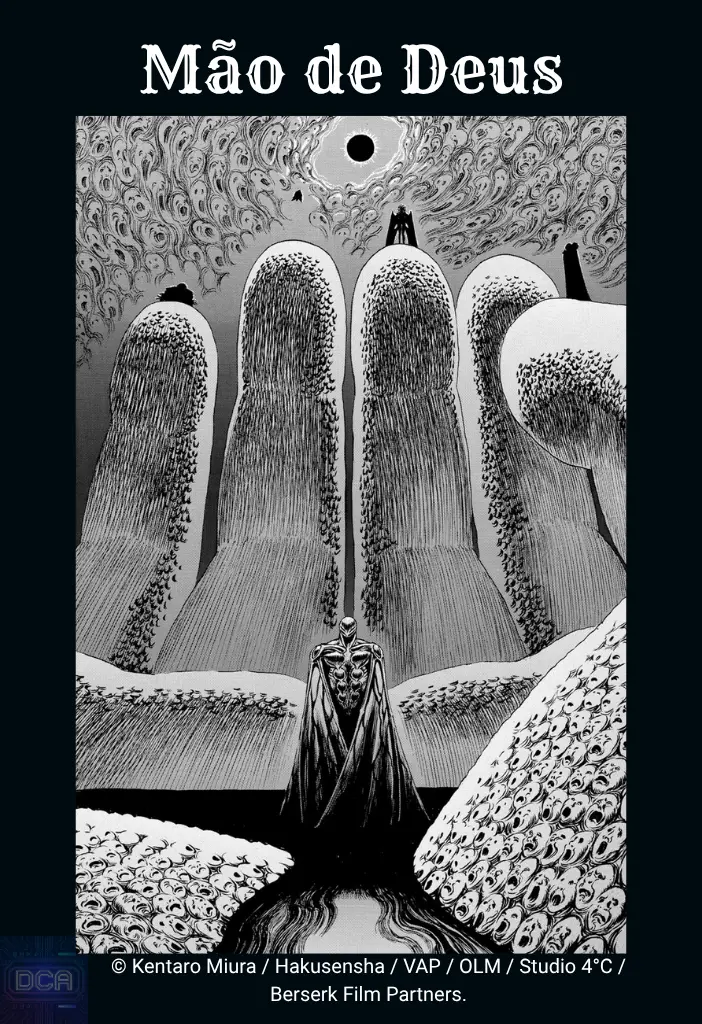 O arcanjo demoníaco Femto posicionado no centro do panteão profano com os dedos gigantes da Mão de Deus erguendo-se sob o Eclipse, ilustrando a lei da causalidade abordada em nosso Guia completo Berserk.