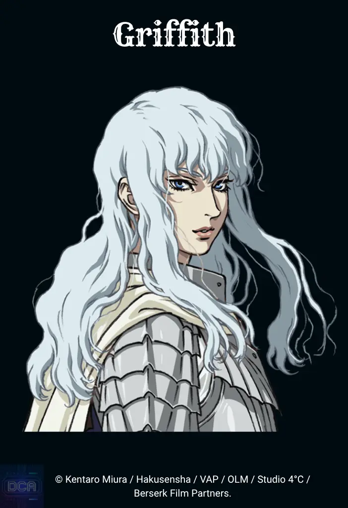 Retrato de Griffith com sua armadura prateada e cabelos brancos esvoaçantes na Era de Ouro, destacando a beleza etérea do vilão analisado em nosso Guia completo Berserk.