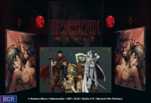 Montagem com Guts e Casca na capa do Blu-ray de 1997 em contraste com o Bando do Falcão da Era de Ouro, ilustrando a transição trágica para o nosso Guia completo Berserk.