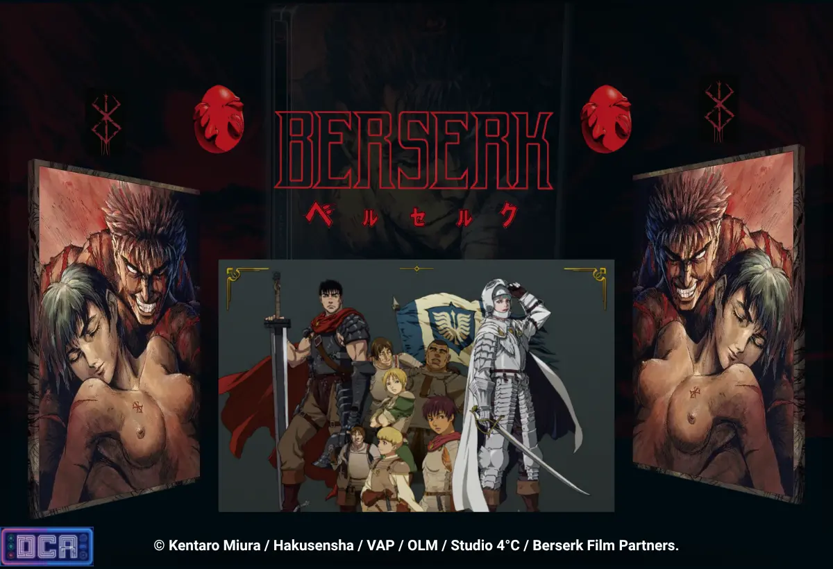 Montagem com Guts e Casca na capa do Blu-ray de 1997 em contraste com o Bando do Falcão da Era de Ouro, ilustrando a transição trágica para o nosso Guia completo Berserk.