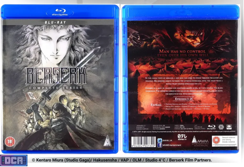 Visão frontal e traseira do estojo Blu-ray de Berserk Complete Series da série de 1997, exibindo o visual analógico marcante da Era de Ouro e de Guts sob o tom avermelhado do Eclipse, servindo como base ilustrativa do nosso Guia completo Berserk.