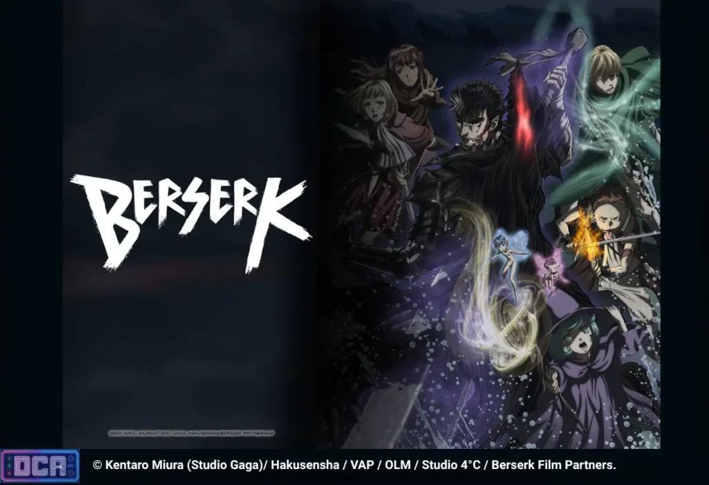 Cartaz oficial de Berserk contido no arquivo BERSERK-Série CG (2016-2017), mostrando Guts empunhando sua espada cercado por Puck, Schierke e aliados sob um efeito de luz mágica em meio à tempestade, ilustrando as críticas do projeto em nosso Guia completo Berserk.