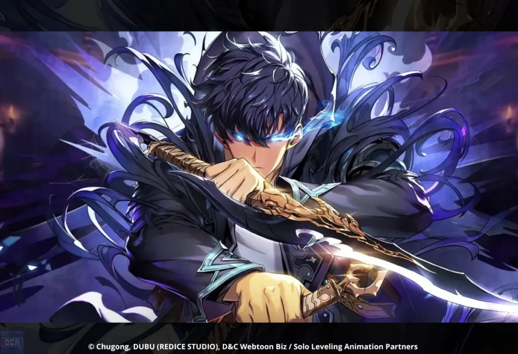 Solo Leveling quase foi cancelado? A verdade sobre os boatos do anime 1 Ilustração de capa intensa do manhwa mostrando Sung Jin-woo com um olhar penetrante e adagas em punho, cercado por energia sombria, reforçando a grandiosidade da obra mesmo diante dos rumores de que Solo Leveling quase foi cancelado.