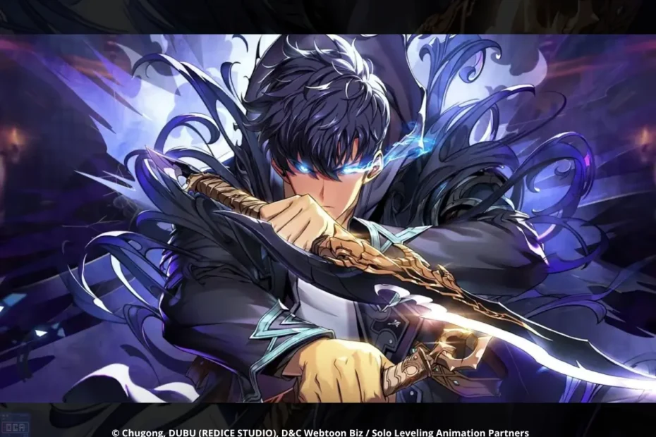 Solo Leveling quase foi cancelado? A verdade sobre os boatos do anime 1 Ilustração de capa intensa do manhwa mostrando Sung Jin-woo com um olhar penetrante e adagas em punho, cercado por energia sombria, reforçando a grandiosidade da obra mesmo diante dos rumores de que Solo Leveling quase foi cancelado.