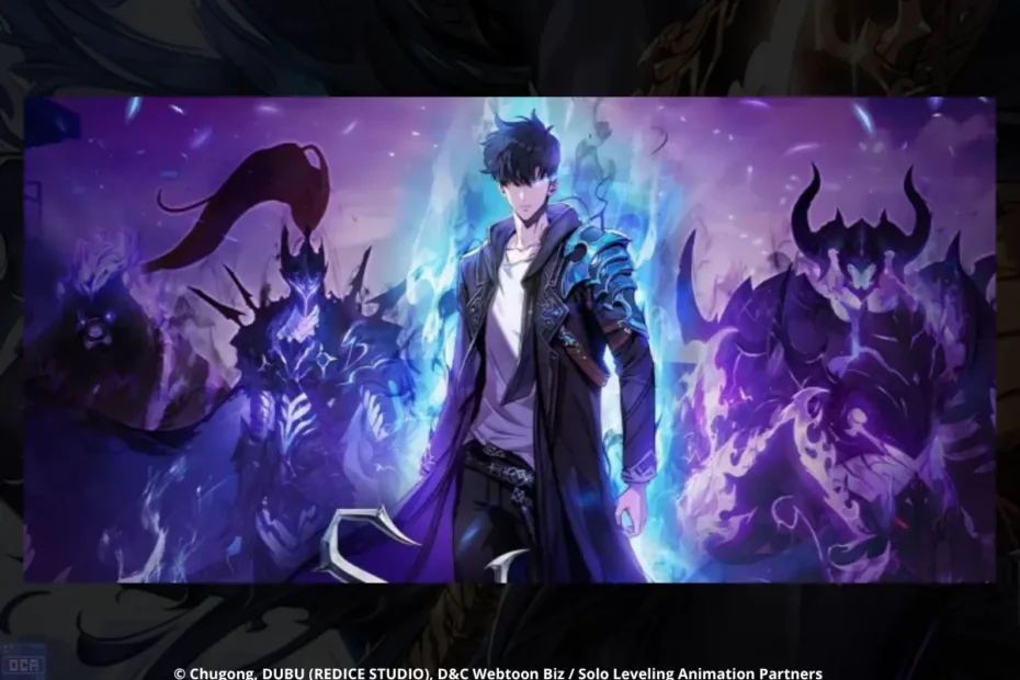 Ilustração épica do webtoon onde Sung Jin-woo, envolto em uma aura azul brilhante, lidera seu formidável exército de sombras, elevando a expectativa para as batalhas intensas da Solo Leveling temporada 3.