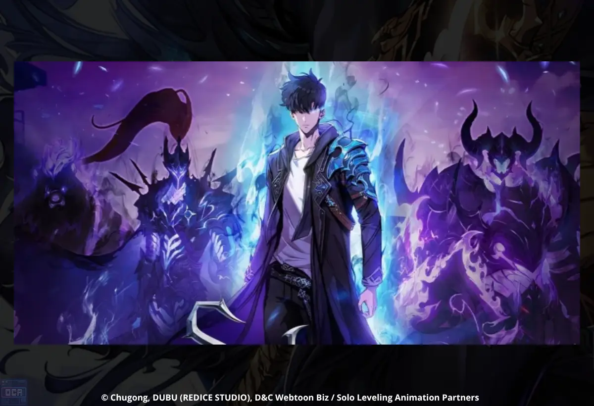 Ilustração épica do webtoon onde Sung Jin-woo, envolto em uma aura azul brilhante, lidera seu formidável exército de sombras, elevando a expectativa para as batalhas intensas da Solo Leveling temporada 3.