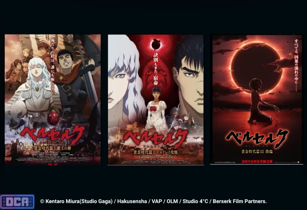 Três cartazes oficiais da trilogia de filmes da Era de Ouro do Studio 4°C, exibindo o Bando do Falcão reunido, o confronto ideológico entre Guts e Griffith, e a silhueta solitária sob o sol vermelho do Eclipse, servindo como pilar de análise do nosso Guia completo Berserk.