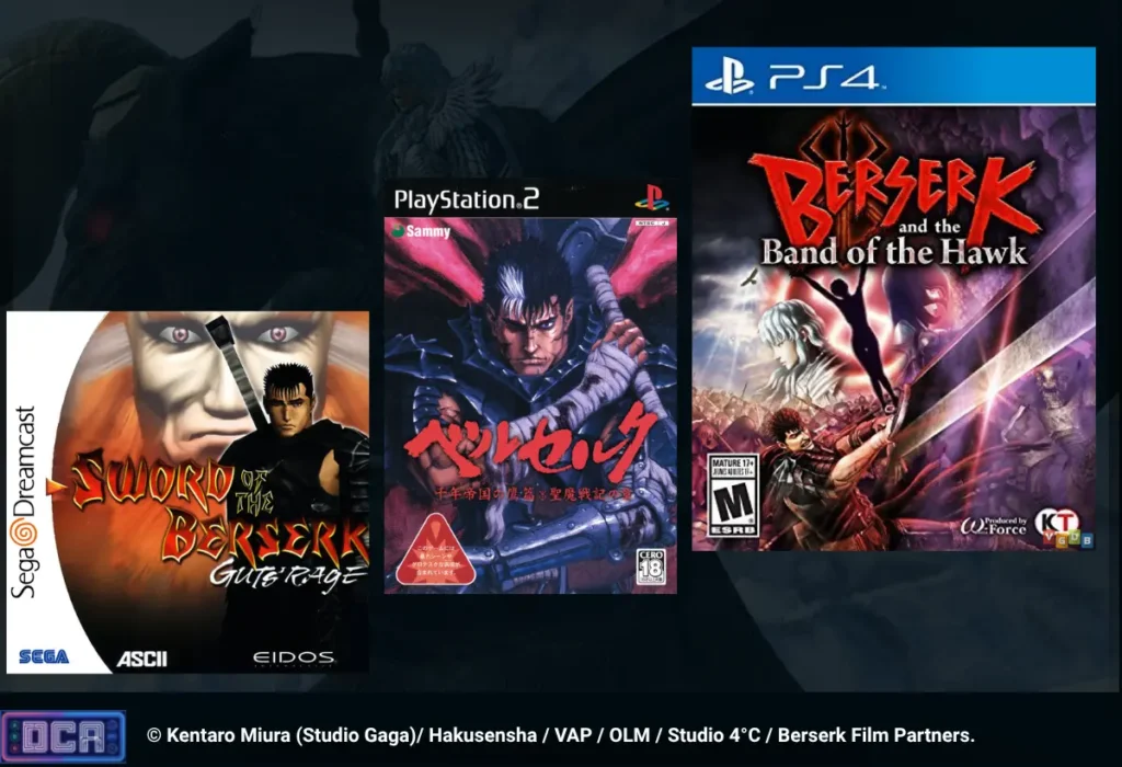 Composição das capas dos jogos Sword of the Berserk para Dreamcast, Millennium Falcon Arc para PS2 e Berserk and the Band of the Hawk para PS4, ilustrando a evolução interativa e a influência na vertente Soulsborne detalhadas em nosso Guia completo Berserk.