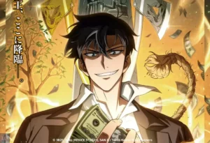 O protagonista de Tomb Raider King exibe um sorriso ganancioso e confiante enquanto segura um maço de dinheiro, cercado por relíquias místicas e machados dourados, transmitindo a intensa ambição e a implacável sede de vingança que definem a narrativa.