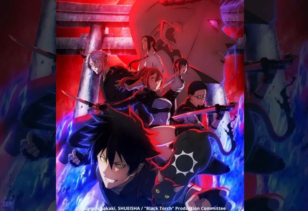 Banner promocional de Black Torch apresentando Jiro Azuma sorrindo confiante ao lado do gato Rago, sob chamas azuis e vermelhas em contraste com um portal torii ao fundo, onde os agentes do esquadrão de espionagem ninja empunham suas armas em posições de combate, capturando a energia explosiva e sobrenatural da adaptação.