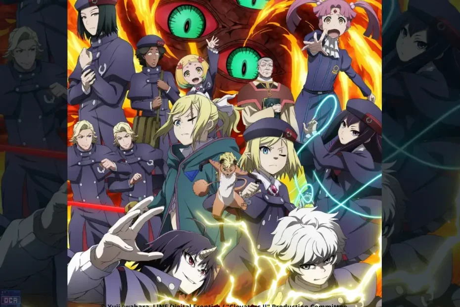 Banner promocional de Clevatess II exibindo o elenco principal em posição de batalha com expressões determinadas, sob o olhar imponente e ameaçador da fera bestial ao fundo em chamas, transmitindo a atmosfera brutal e de fantasia sombria da nova temporada.