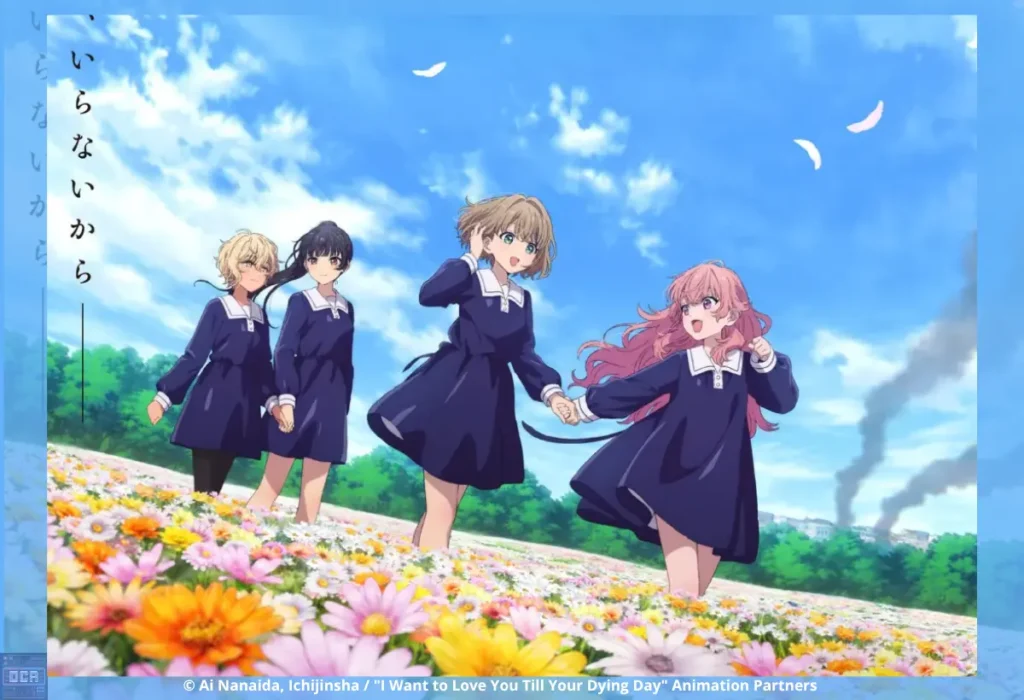 Meninas de uniforme escolar correndo sorridentes por um campo florido sob o céu azul na arte promocional de I Want to Love You Till Your Dying Day, contrastando com fumaça de destruição ao fundo.