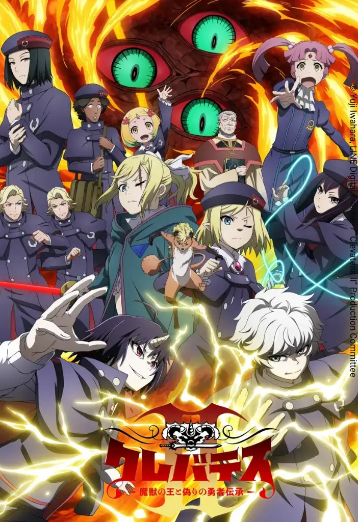 Clevatess II Subverte a Fantasia Sombria em Nova Temporada Brutal 2 Pôster oficial de Clevatess II com Alicia, Clen, Alicia (jovem) e os soldados reais em pose de combate e tensão mágica sob raios amarelos, enquanto a terrível fera bestial de olhos verdes observa ao fundo em meio às chamas, capturando o tom brutal de fantasia sombria da animação do estúdio Lay-Duce.