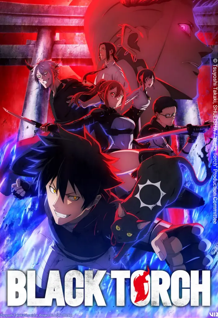 Pôster vertical oficial de Black Torch exibindo o logotipo da série na parte inferior e o protagonista Jiro Azuma em primeiro plano com o mononoke felino Rago sob feixes de energia azul, enquanto os demais membros do esquadrão ninja empunham espadas e posam em alerta diante de um torii carmesim e da silhueta imponente e sombria do inimigo ao fundo, transmitindo a atmosfera intensa de ação sobrenatural e fantasia urbana.