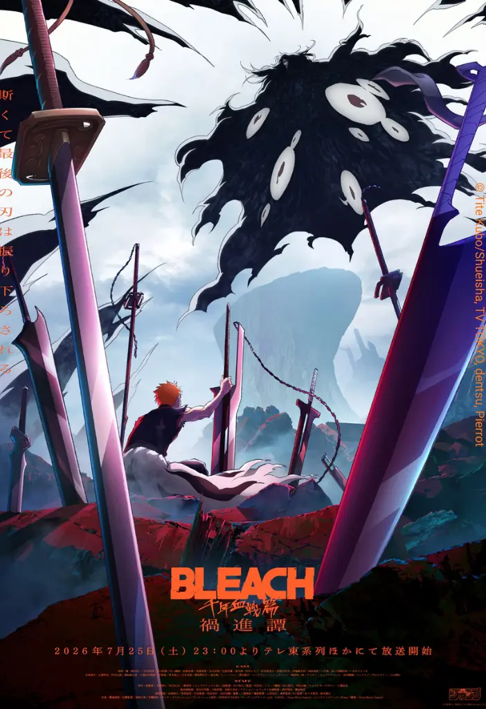 Ichigo Kurosaki encara uma ameaça abissal de múltiplos olhos em um desolado campo de espadas cravadas no chão, ilustrando a escala apocalíptica e o terror iminente no pôster de Bleach Thousand-Year Blood War: The Calamity.