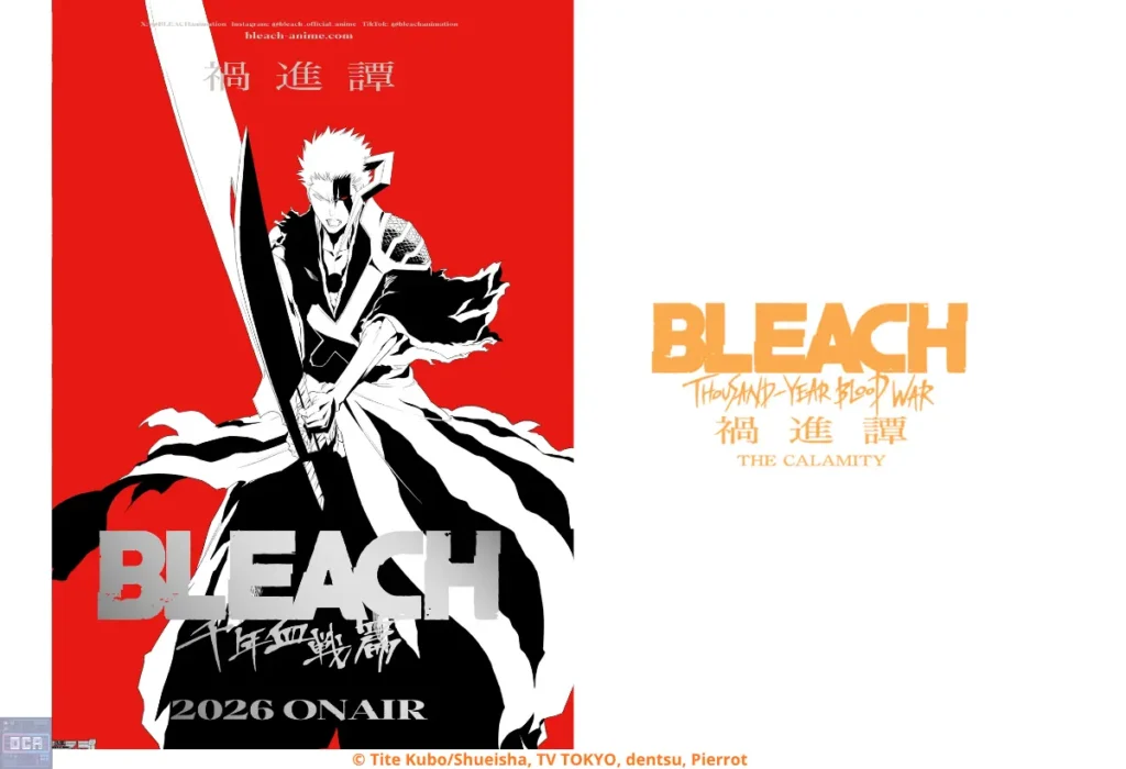Ichigo Kurosaki preparado para a batalha épica no banner sombrio de Bleach Thousand-Year Blood War: The Calamity, ilustrando a tensão e o desespero iminente da quarta temporada.