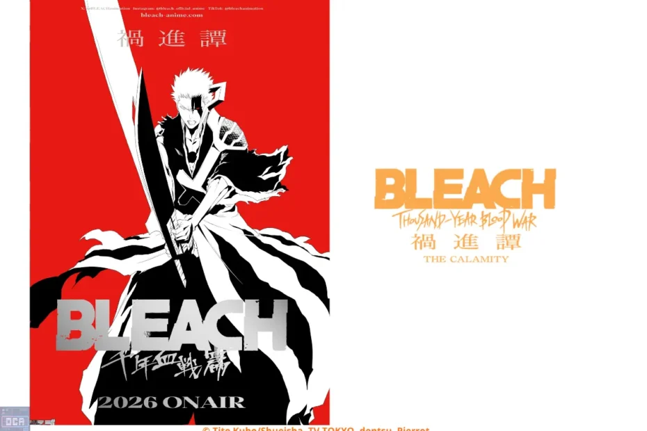 Ichigo Kurosaki preparado para a batalha épica no banner sombrio de Bleach Thousand-Year Blood War: The Calamity, ilustrando a tensão e o desespero iminente da quarta temporada.