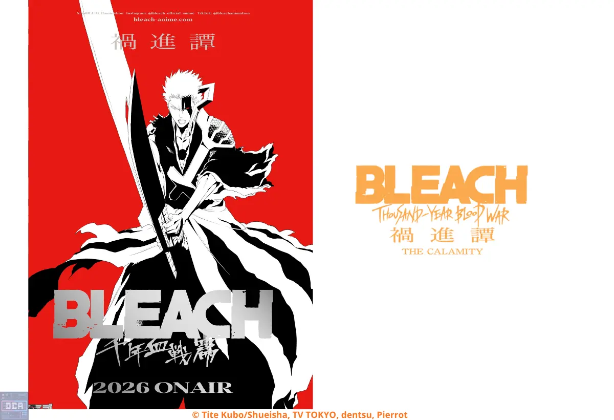 Ichigo Kurosaki preparado para a batalha épica no banner sombrio de Bleach Thousand-Year Blood War: The Calamity, ilustrando a tensão e o desespero iminente da quarta temporada.