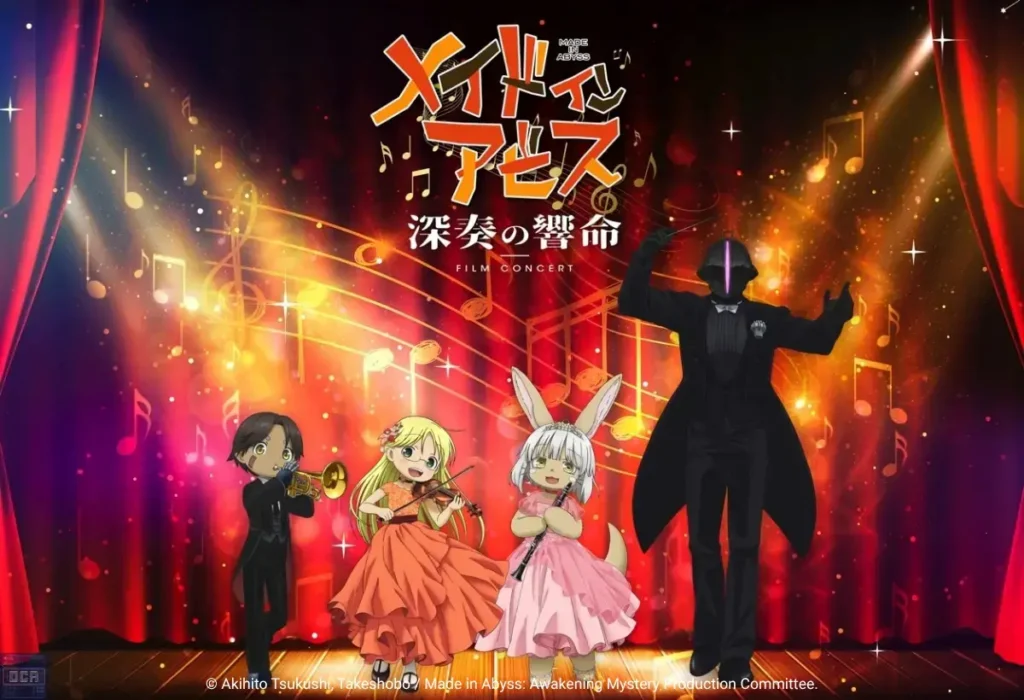 Personagens reunidos em um palco vibrante e iluminado, evocando a emoção épica da trilha sonora que guia a jornada sombria de Made in Abyss: Awakening Mystery.