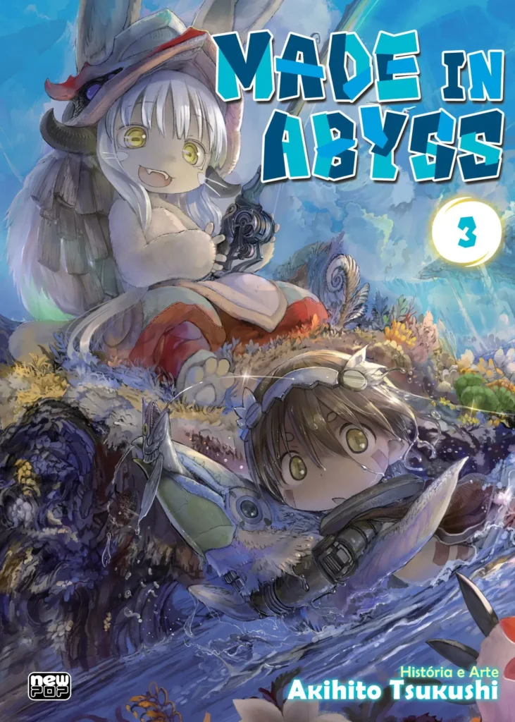 A arte da capa do volume 03 exibe personagens explorando um cenário aquático vibrante, ilustrando o rico material de origem que inspira os terrores profundos explorados no filme Made in Abyss: Awakening Mystery.