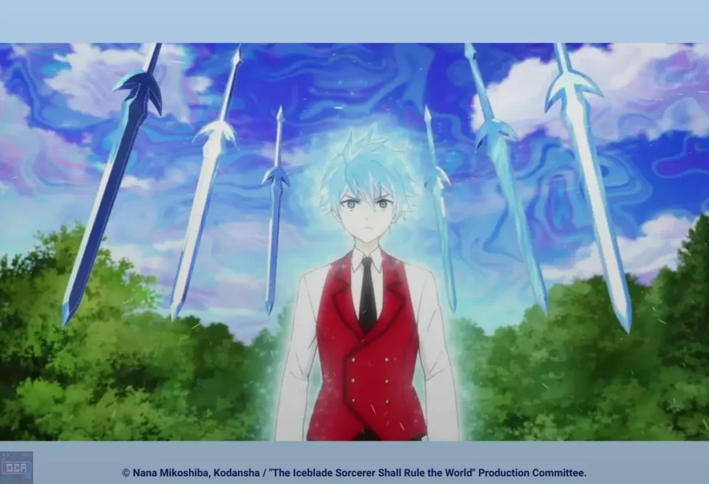 O protagonista Ray White manifesta seu imenso poder cercado por espadas de gelo, preparando o cenário para os intensos confrontos mágicos em The Iceblade Sorcerer Shall Rule the World II.